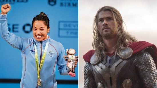 Mirabai Chanu at the 2022 Games and Chris Hemsworth's still from Thor: The Dark World