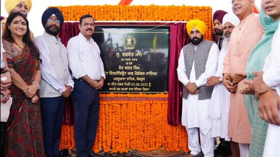 Punjab chief minister Bhagwant Mann after unveiling the foundation stone of the Sant Attar Singh State Institute of Medical Sciences at Mastuana Sahib in Sangrur district on Friday. (HT Photo)