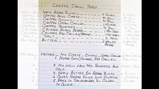 Satish Arora’s handwritten chilli cheese toast recipe that he used in his Taj days Satish Arora’s handwritten chilli cheese toast recipe that he used in his Taj days