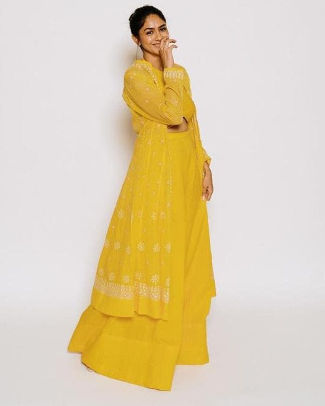 Mrunal Thakur in a yellow ensemble by House of Kotwara. (Instagram/mrunalthakur) Mrunal Thakur in a yellow ensemble by House of Kotwara. (Instagram/mrunalthakur)