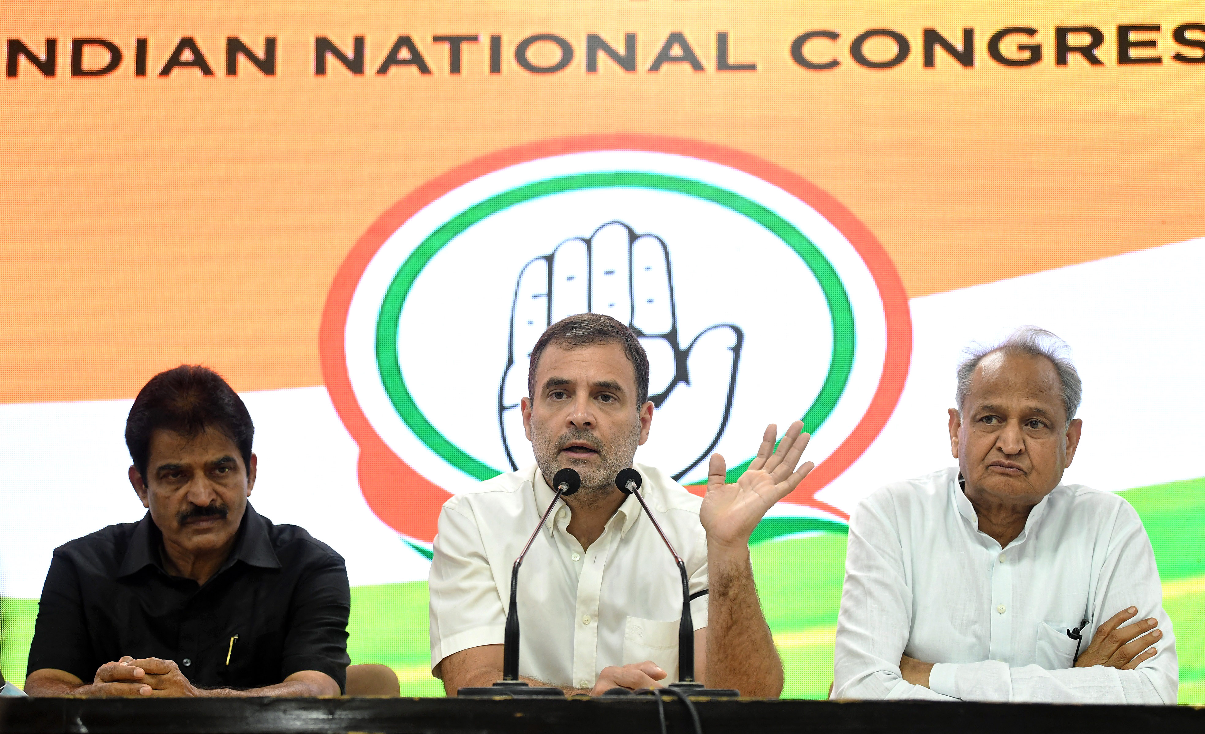 Congress leader Rahul Gandhi with KC Venugopal and Rajasthan chief minister Ashok Gehlot speak during a press conference in New Delhi on Friday. (ANI) Congress leader Rahul Gandhi with KC Venugopal and Rajasthan chief minister Ashok Gehlot speak during a press conference in New Delhi on Friday. (ANI)