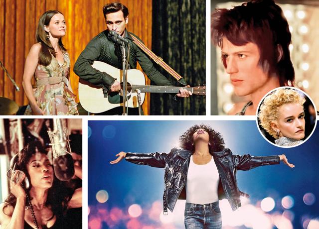 Clockwise from top: Reese Witherspoon and Joaquin Phoenix in Walk The Line; Naomi Ackie as Whitney Houston in the upcoming I Wanna Dance With Somebody; Johnny Flynn as David Bowie in Stardust; Julia Garner will soon play Madonna in her upcoming biopic; Angela Bassett as Tina Turner in What’s Love Got To Do With It Clockwise from top: Reese Witherspoon and Joaquin Phoenix in Walk The Line; Naomi Ackie as Whitney Houston in the upcoming I Wanna Dance With Somebody; Johnny Flynn as David Bowie in Stardust; Julia Garner will soon play Madonna in her upcoming biopic; Angela Bassett as Tina Turner in What’s Love Got To Do With It