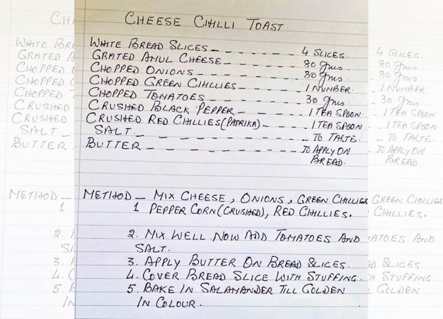 Satish Arora’s handwritten chilli cheese toast recipe that he used in his Taj days Satish Arora’s handwritten chilli cheese toast recipe that he used in his Taj days
