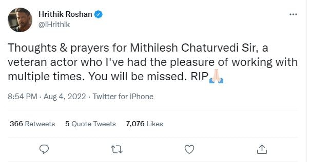 Hrithik Roshan paid tribute to Mithilesh Chaturvedi.