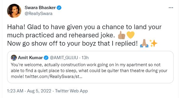 Swara schooled a Twitter user.