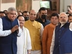 NDA's vice-presidential candidate Jagdeep Dhankhar with Prime Minister Narendra Modi and other BJP leaders in New Delhi. ((Arvind Yadav/HT file))