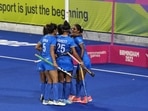India's Vandana Katariya, right, celebrates with teammates after scoring her side's first goal&nbsp;(AP)