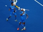Commonwealth Games - Hockey - India v South Africa - Men - Semi-Final - University of Birmingham Hockey and Squash centre, Birmingham, Britain - August 6, 2022 India's Singh Jugraj celebrates scoring their third goal with teammates&nbsp;(REUTERS)