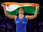 Commonwealth Games - Wrestling - Women's Freestyle 53 kg - Nordic - Coventry Arena, Coventry, Britain - August 6, 2022 India's Vinesh Phogat celebrates after winning against Sri Lanka's Chamodya Keshani Maduravalage Don(REUTERS)