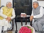 Prime Minister Narendra Modi with Vice President-elect Jagdeep Dhankhar on Saturday. (ANI) Prime Minister Narendra Modi with Vice President-elect Jagdeep Dhankhar on Saturday. (ANI)