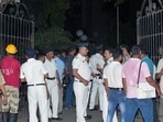 Police and paramilitary personnel stand at the incident site where (Central Industrial Security Force) CISF Constable opened fire which resulted in the death of a person, at the Indian Museum, in Kolkata on Saturday. (ANI Photo)