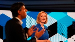 Liz Truss and Rishi Sunak takes part in the BBC Conservative Party leadership debate in Stoke-on-Trent, England, on July 25, 2022.