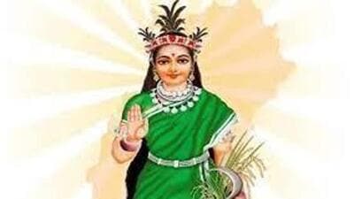 ‘Chhattisgarh Mahtari’, is a revered mother figure traditionally depicted wearing a green coloured saree and carrying paddy and sickle in her hands. (HT PHOTO.) ‘Chhattisgarh Mahtari’, is a revered mother figure traditionally depicted wearing a green coloured saree and carrying paddy and sickle in her hands. (HT PHOTO.)
