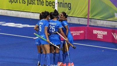 India's Vandana Katariya, right, celebrates with teammates after scoring her side's first goal (AP) India's Vandana Katariya, right, celebrates with teammates after scoring her side's first goal (AP)