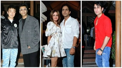 Karan Johar, Sussanne Khan and Arslan Goni and Ibrahim Ali Khan at a party. (Varinder Chawla) Karan Johar, Sussanne Khan and Arslan Goni and Ibrahim Ali Khan at a party. (Varinder Chawla)