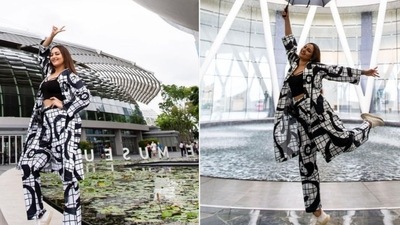 Sonakshi Sinha earlier shared photos from her Singapore stay. During her stay, she visited the Arts and Science Museum. In these pictures, she can be seen flaunting her goofy side in a monochrome co-ord set. (Instagram/@aslisona) Sonakshi Sinha earlier shared photos from her Singapore stay. During her stay, she visited the Arts and Science Museum. In these pictures, she can be seen flaunting her goofy side in a monochrome co-ord set. (Instagram/@aslisona)