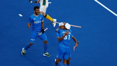 Commonwealth Games - Hockey - India v South Africa - Men - Semi-Final - University of Birmingham Hockey and Squash centre, Birmingham, Britain - August 6, 2022 India's Singh Jugraj celebrates scoring their third goal with teammates&nbsp; (REUTERS)