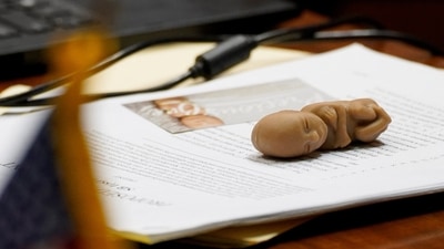 A plastic replica of a human fetus sits on top of Senate Bill 1, on the desk of an Indiana State Representative in the Indiana House of Representatives, during a special session to debate banning abortion in Indianapolis. (REUTERS)