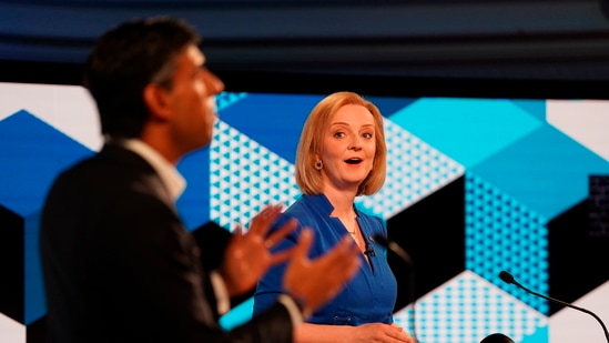 Liz Truss and Rishi Sunak takes part in the BBC Conservative Party leadership debate in Stoke-on-Trent, England, on July 25, 2022.(AP)