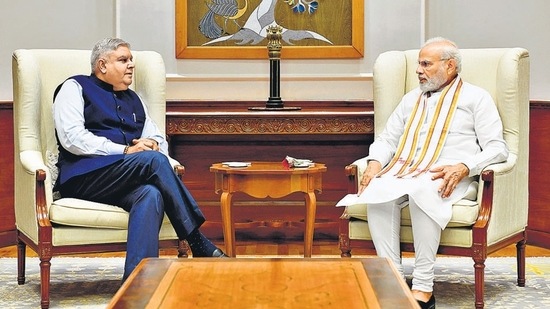 Prime Minister Narendra Modi with vice president-elect Jagdeep Dhankhar.