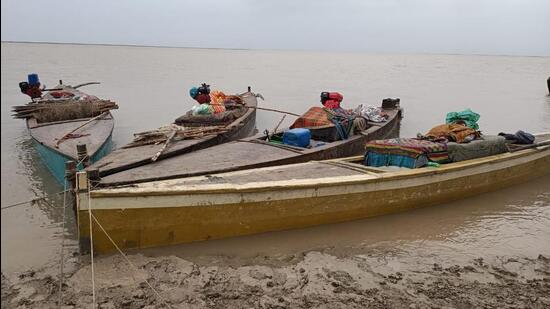 The Pakistani boats seized by BSF personnel from Harami Nala area of Gujarat’s Kutch on Friday. (BSF Photo) The Pakistani boats seized by BSF personnel from Harami Nala area of Gujarat’s Kutch on Friday. (BSF Photo)