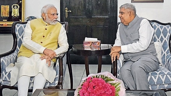 Prime Minister Narendra Modi with Vice President-elect Jagdeep Dhankhar on Saturday. (ANI)