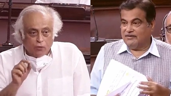 Congress MP Jairam Ramesh and Union minister Nitin Gadkari in Rajya Sabha during Budget Session in March 2022.(Sansad TV) Congress MP Jairam Ramesh and Union minister Nitin Gadkari in Rajya Sabha during Budget Session in March 2022.(Sansad TV)