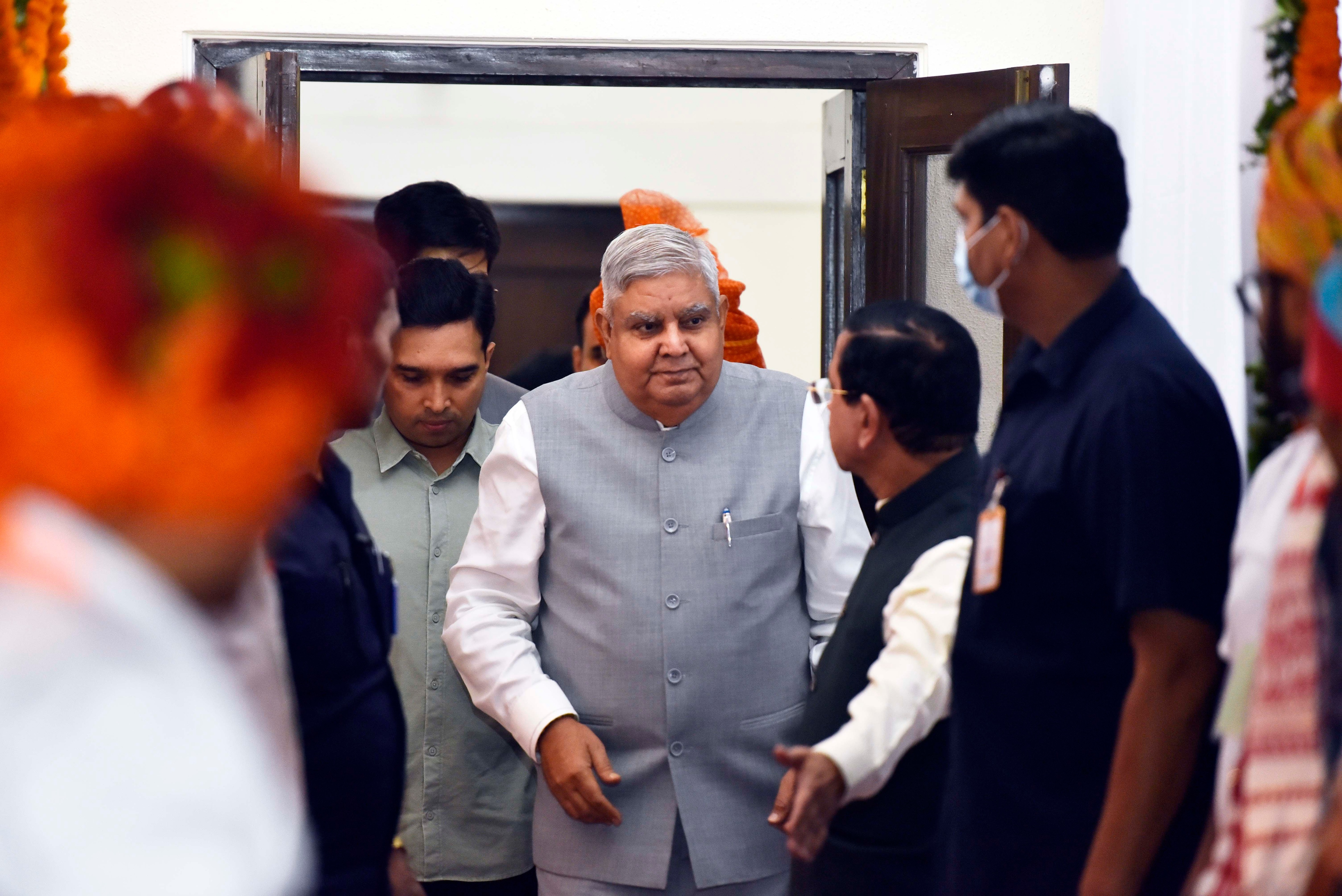 Newly elected Vice-President Jagdeep Dhankhar greets BJP workers at 11 Akhbar Road, in New Delhi, on Saturday. (Sanjeev Verma/HT Photo) Newly elected Vice-President Jagdeep Dhankhar greets BJP workers at 11 Akhbar Road, in New Delhi, on Saturday. (Sanjeev Verma/HT Photo)