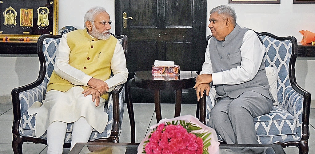 Prime Minister Narendra Modi with Vice President-elect Jagdeep Dhankhar on Saturday. (ANI) Prime Minister Narendra Modi with Vice President-elect Jagdeep Dhankhar on Saturday. (ANI)