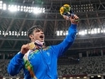 Neeraj Chopra during the medal ceremony for the men's javelin throw at the 2020 Summer Olympics, in Tokyo.(AP / PTI) Neeraj Chopra during the medal ceremony for the men's javelin throw at the 2020 Summer Olympics, in Tokyo.(AP / PTI)