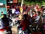 Bangladeshis queue at a gas station in Dhaka after government has increased fuel oil price. (Photo by AFP) Bangladeshis queue at a gas station in Dhaka after government has increased fuel oil price. (Photo by AFP)