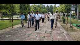 DM Surya Pal Gangwar during an on-site inspection of the preparations for the upcoming anniversary event at Kakori’s martyr memorial site. (SOURCED)