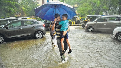 Pedestrians go about their errands amid heavy rain on a waterlogged road at Vashi, in Navi Mumbai, on Sunday. (Bachchan Kumar/ HT PHOTO) Pedestrians go about their errands amid heavy rain on a waterlogged road at Vashi, in Navi Mumbai, on Sunday. (Bachchan Kumar/ HT PHOTO)