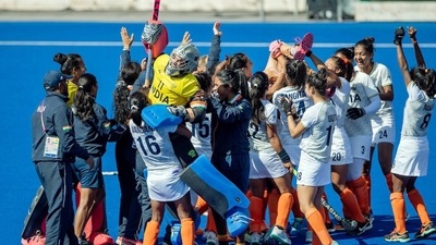 India women's hockey team players celebrate after winning a Bronze medal (Hockey India Twitter) India women's hockey team players celebrate after winning a Bronze medal (Hockey India Twitter)