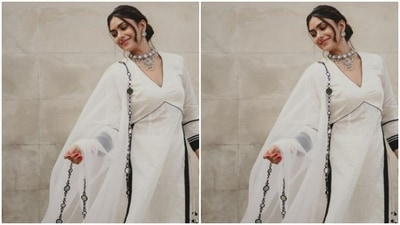 Mrunal further accessorised her look for the day in statement silver earrings with embedded white stones. She also added a silver neck choker with white embedded stones. (Instagram/@mrunalthakur)