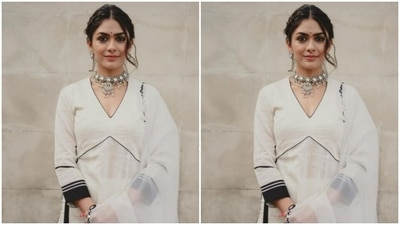 Mrunal opted for a minimal makeup look to complement her ethnic ensemble. In nude eyeshadow, black eyeliner, black kohl, mascara-laden eyelashes, contoured cheeks, a shade of nude lipstick and a small black bindi, Mrunal looked just too stunning. (Instagram/@mrunalthakur)