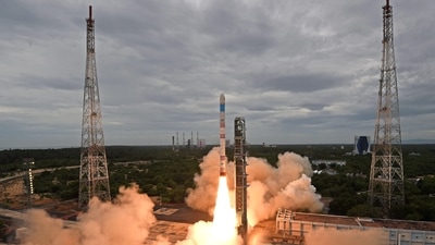 Sriharikota: ISRO's new offering Small Satellite Launch Vehicle (SSLV) during its launch from the Sathish Dhawan Space Centre, in Sriharikota.&nbsp; (PTI)