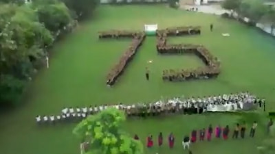 Students of a school in Vadodara, Gujarat, create a human formation to mark 75 years of Independence. (ANI)