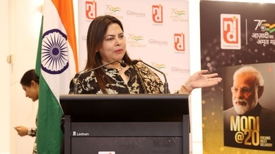 Union minister Meenakshi Lekhi speaking at the Melbourne chapter of the ‘Vishwa Sadbhavana’ event. Union minister Meenakshi Lekhi speaking at the Melbourne chapter of the ‘Vishwa Sadbhavana’ event.