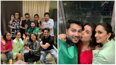 JugJugg Jeeyo team at Karan Johar's residence on Saturday. JugJugg Jeeyo team at Karan Johar's residence on Saturday. 