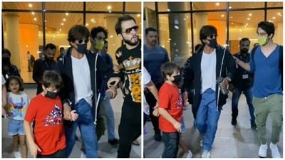 Shah Rukh Khan was seen with his sons Aryan Khan and AbRam Khan at the Mumbai airport. Shah Rukh Khan was seen with his sons Aryan Khan and AbRam Khan at the Mumbai airport.