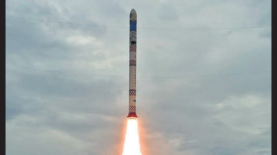 Isro launches the maiden flight of its small satellite launcher the SSLV-D1, in Sriharikota on Sunday. (ISRO Spaceflight Twitter)