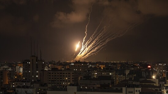 Rockets fired by Palestinian militants toward Israel, in Gaza City, Saturday,&nbsp;(AP)