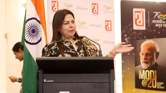 Union minister Meenakshi Lekhi speaking at the Melbourne chapter of the ‘Vishwa Sadbhavana’ event.