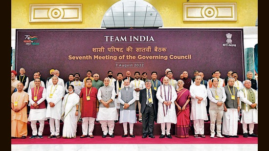 Prime Minister Narendra Modi and other ministers and CM at Niti Aayog meeting in New Delhi on Sunday. (PTI) Prime Minister Narendra Modi and other ministers and CM at Niti Aayog meeting in New Delhi on Sunday. (PTI)