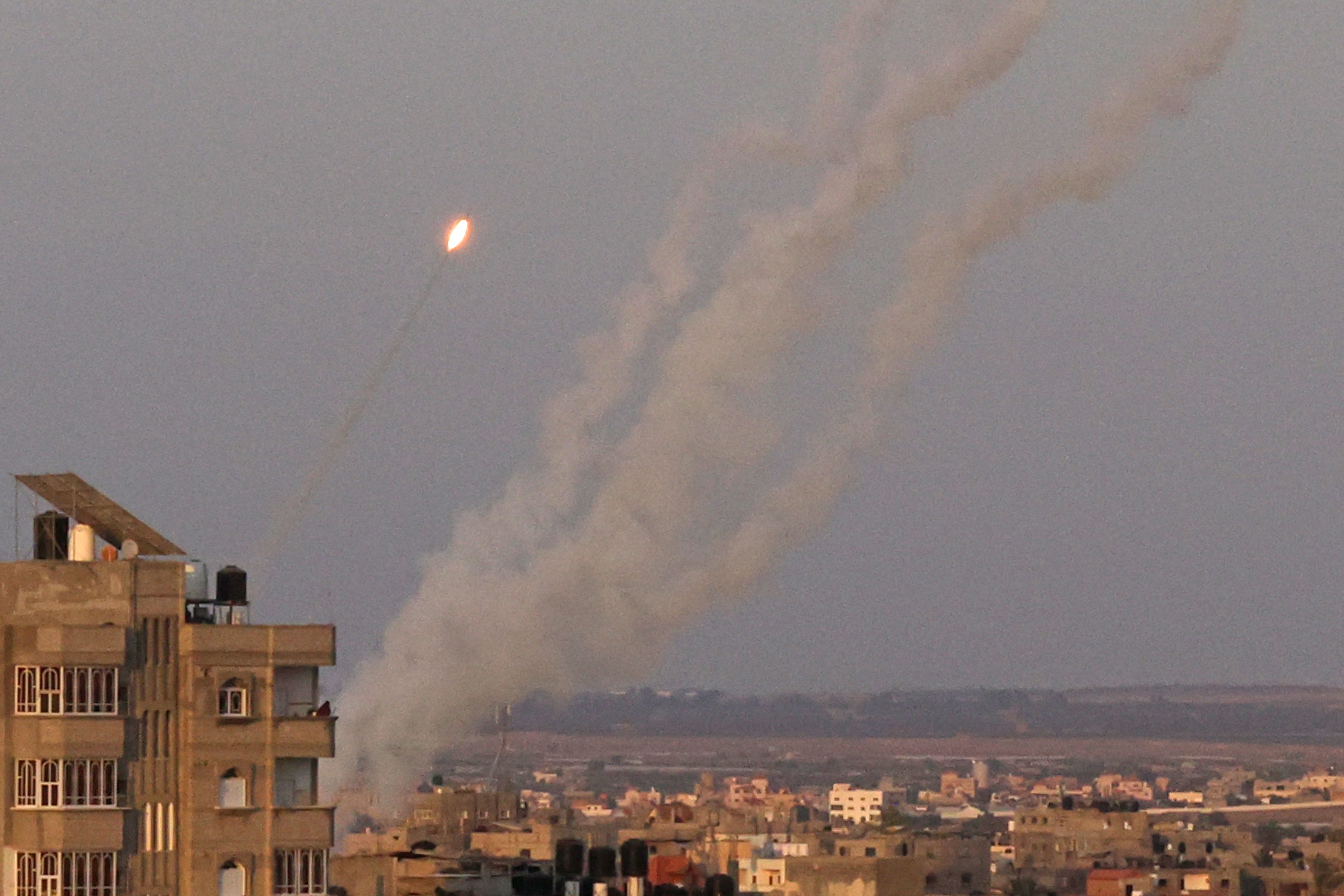 A salvo of rockets is fired from Gaza City towards Israel, on Sunday.&nbsp; (AFP)