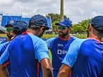 India's skipper Rohit Sharma during a team huddle(ICC Twitter) India's skipper Rohit Sharma during a team huddle(ICC Twitter)