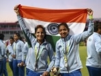 Silver medallist Indian women's cricket team players Harmanpreet Kaur and Renuka Singh at the Commonwealth Games 2022(PTI) Silver medallist Indian women's cricket team players Harmanpreet Kaur and Renuka Singh at the Commonwealth Games 2022(PTI)