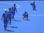 Indian players react after the end of the men's hockey final match between India and Australia, at the Commonwealth Games 2022 (CWG), in Birmingham, Monday, Aug. 8, 2022. India lost 0-7.(PTI)