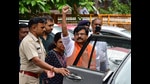 Shiv Sena MP Sanjay Raut waves to his supporters before being taken for production before a special court after his ED custody came to an end on Monday (HT Photo/Bhushan Koyande) Shiv Sena MP Sanjay Raut waves to his supporters before being taken for production before a special court after his ED custody came to an end on Monday (HT Photo/Bhushan Koyande)